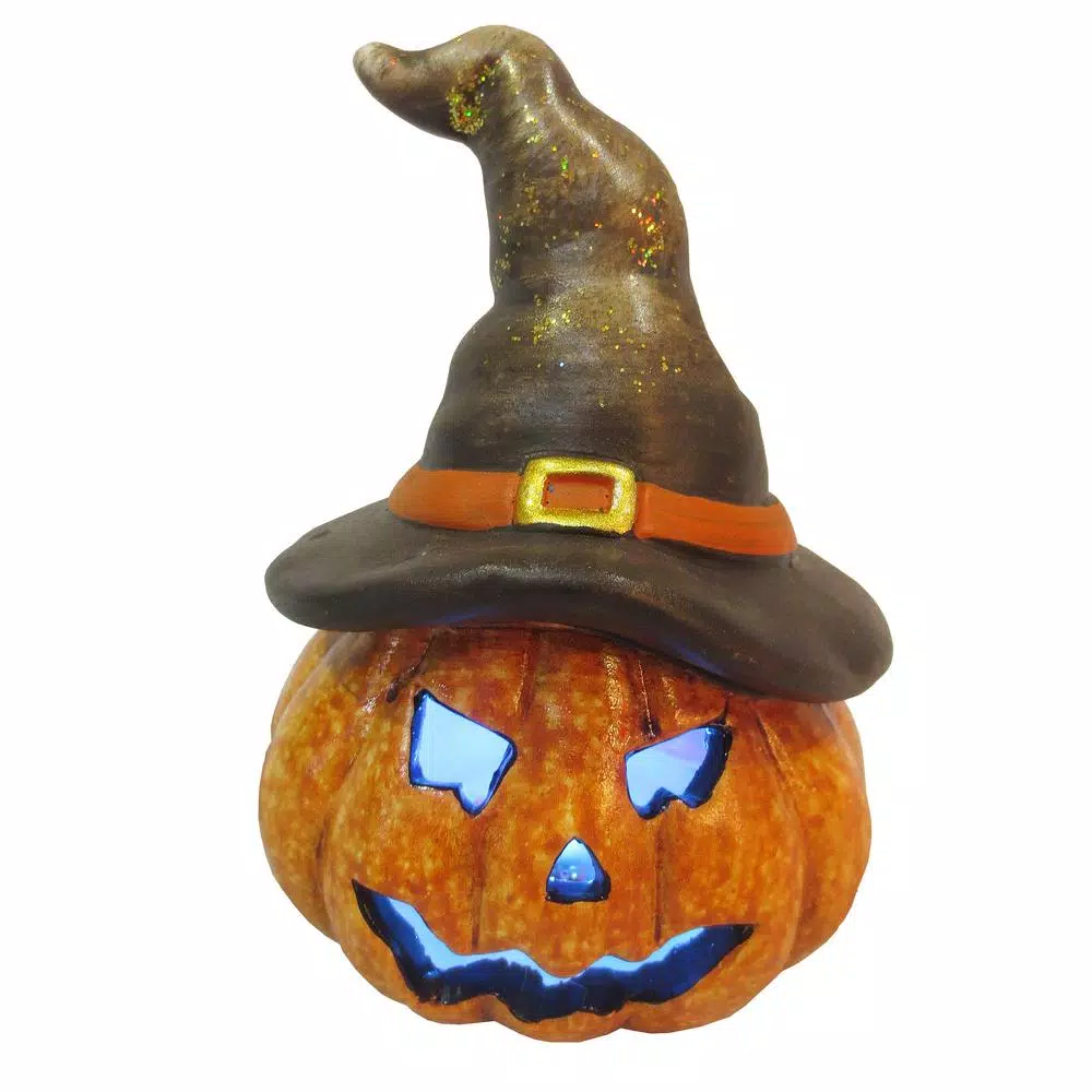 National Tree Company 5 in. Lighted Jack-O-Lantern Halloween Decoration with Witch Hat and Color-Changing LED Lights