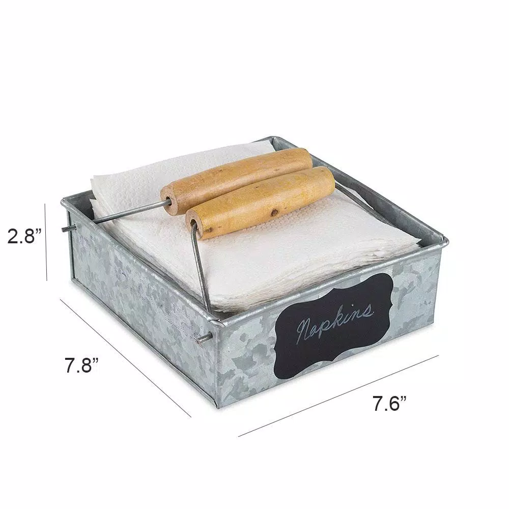 Benzara Galvanized Steel Napkin Holder with Wooden Handles, Rustic Gray Tabletop Decor