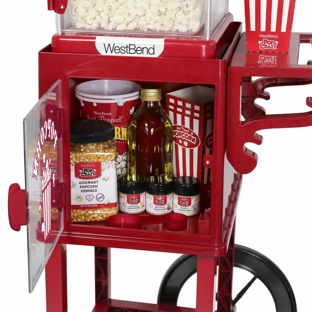 West Bend Popcorn Cart Popcorn Popper with 2.5 oz Non-Stick Stainless Steel Kettle, Red