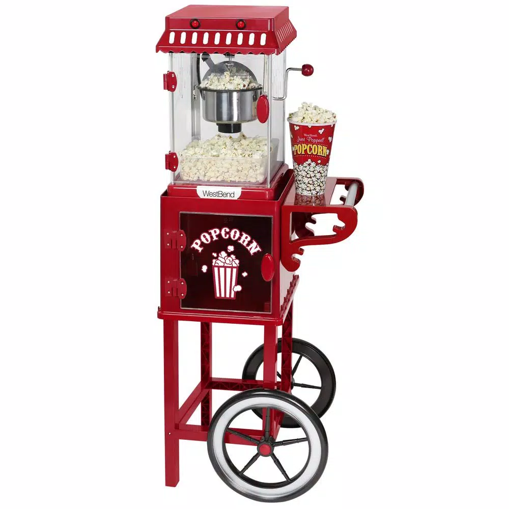 West Bend Popcorn Cart Popcorn Popper with 2.5 oz Non-Stick Stainless Steel Kettle, Red