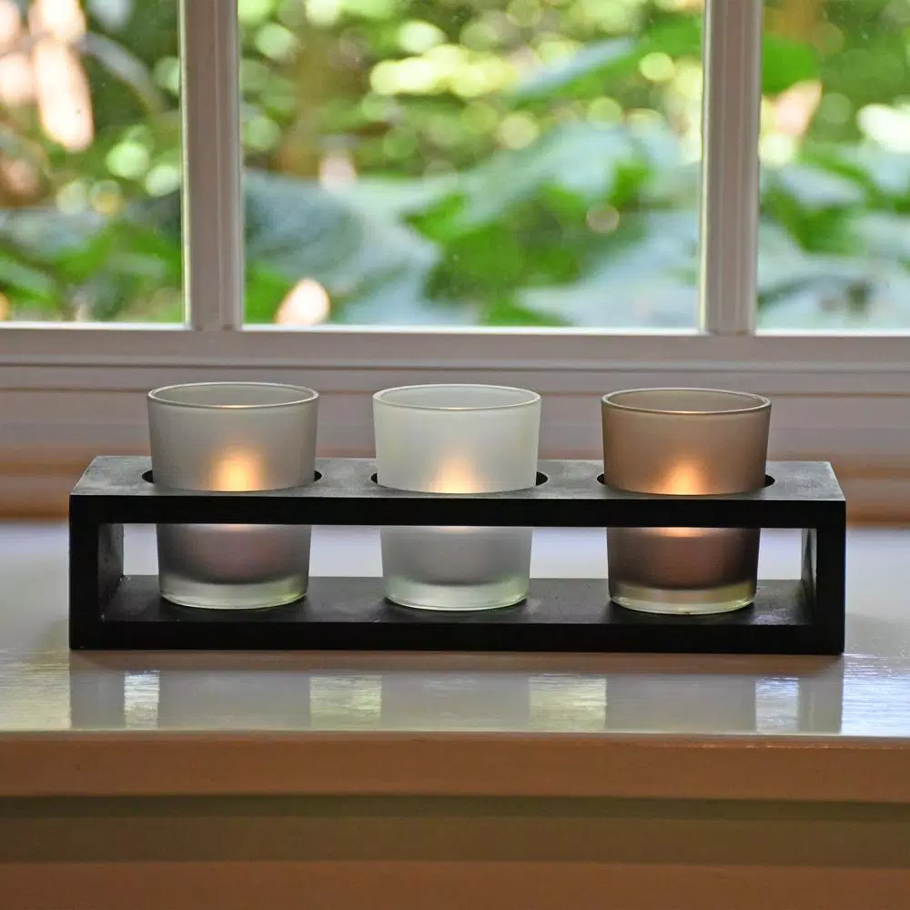 LUMABASE Trio Candle Tray with 3 Frosted Earth Tone Glass Votives - Black Wood