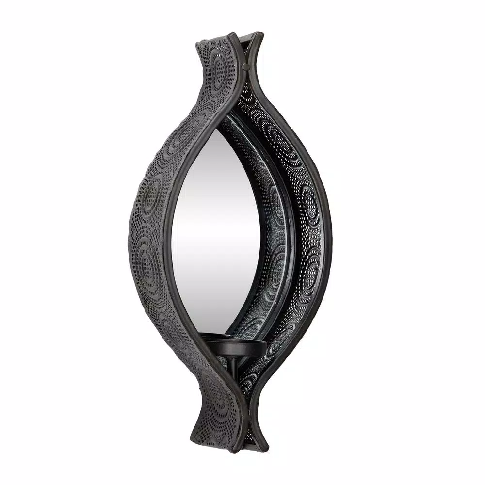 LITTON LANE Eclectic Black Metal Mesh Ellipse Wall Sconces with Mirror Inlays, Set of 2