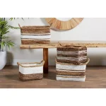 LITTON LANE Rectangular Banana Leaf and Polypropylene Wicker Storage Baskets with Handles, Set of 3 thumbnail 1