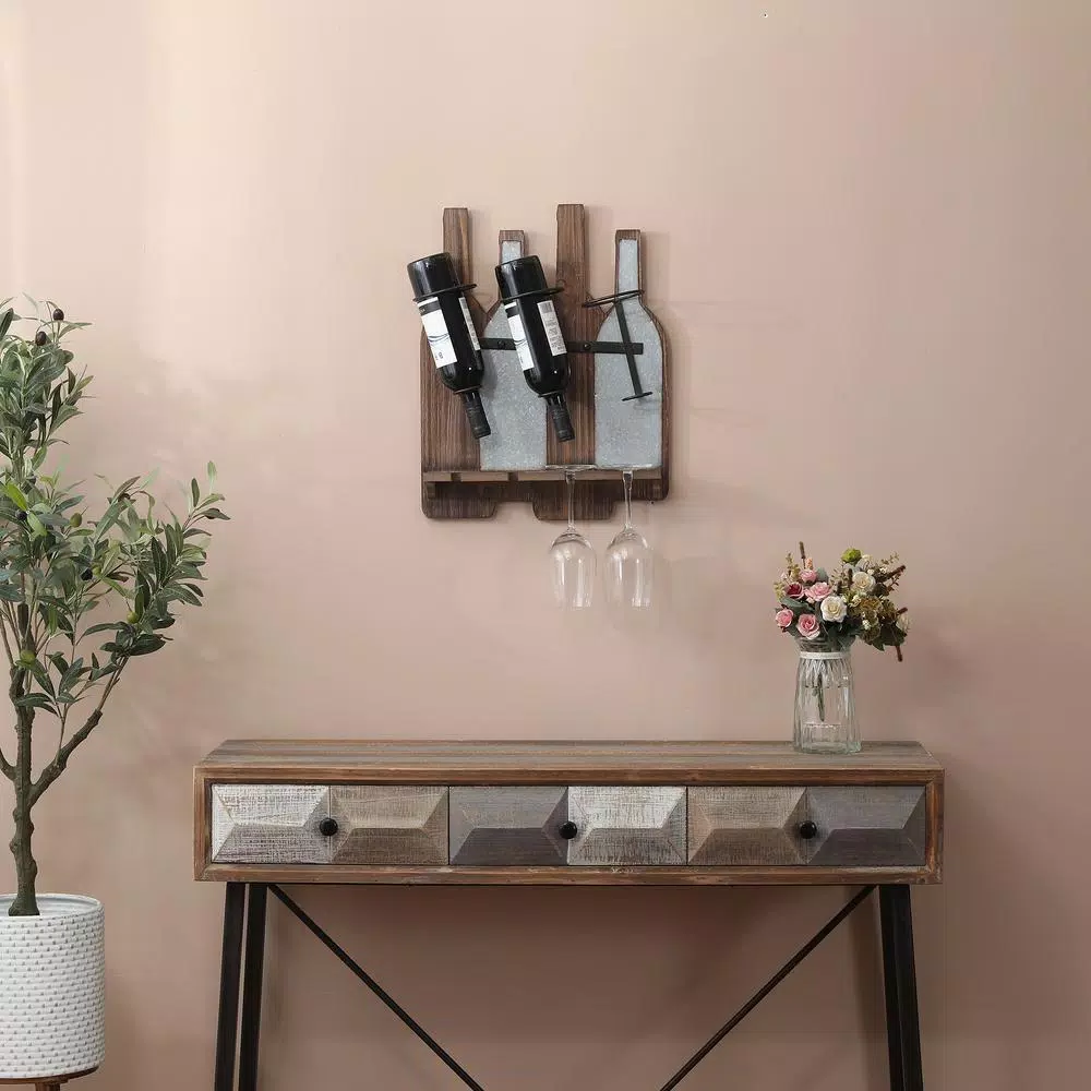 Luxen Home Rustic Wood & Metal Wall Mounted Wine Rack - Holds 3 Bottles & 4 Glasses