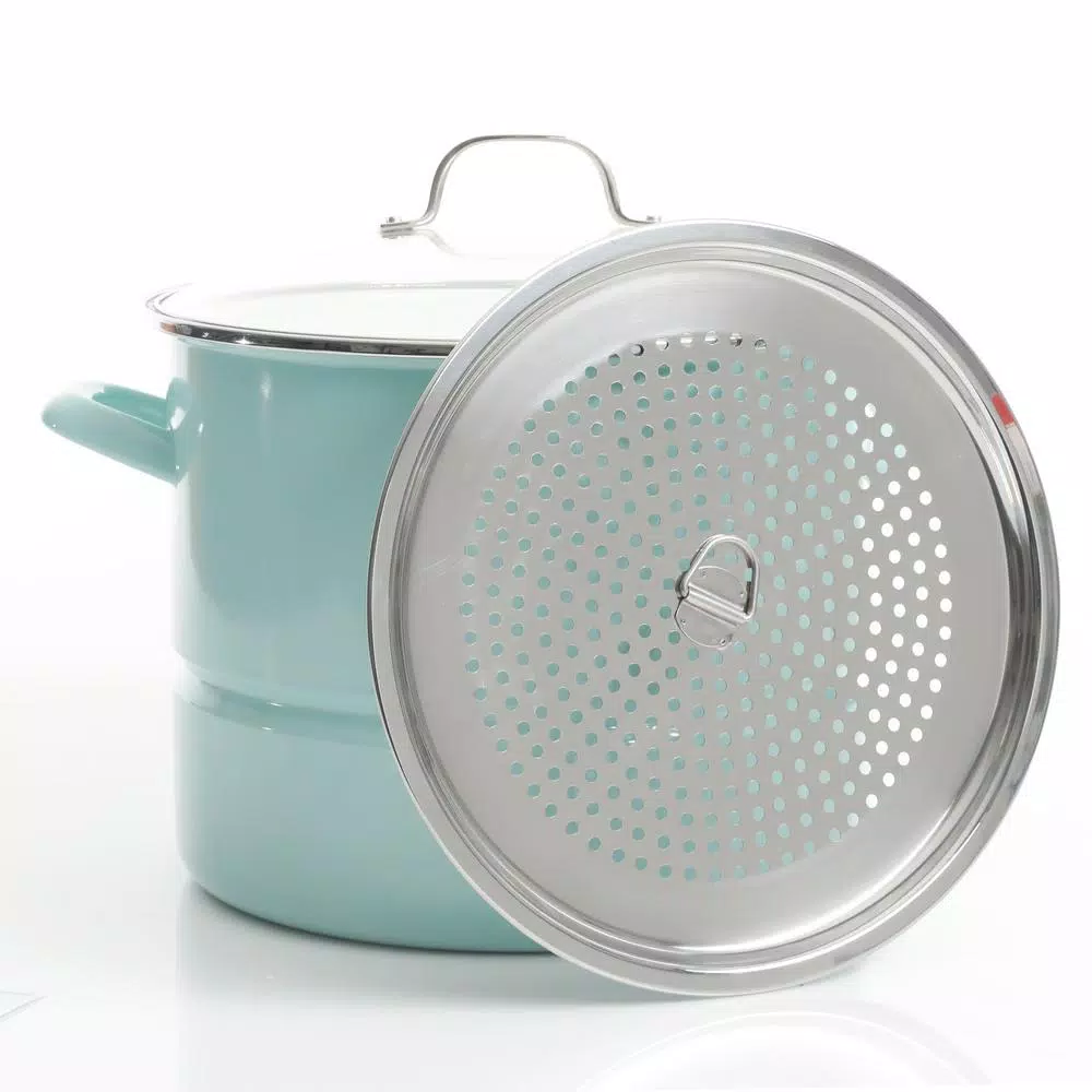 Kenmore 16-Quart Steel Stock Pot Set with Steamer Insert and Glass Lid, Broadway Blue