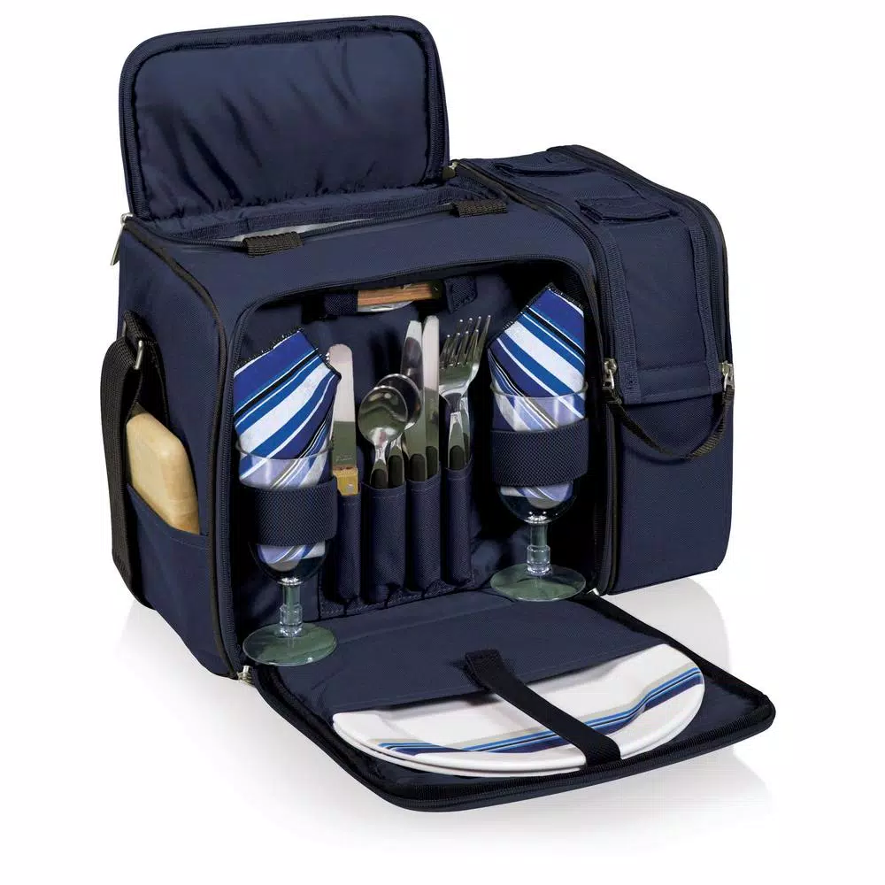 Picnic Time Malibu Navy Wood Picnic Cooler Tote - Insulated Soft-Side Cooler with Deluxe Picnic Service for Two