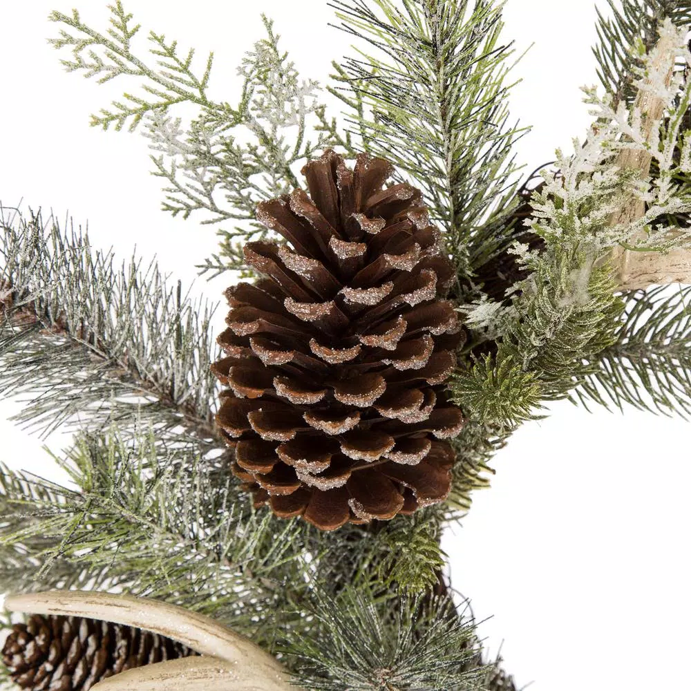 Glitzhome 24 in. Flocked Pinecone and Antler Artificial Christmas Wreath