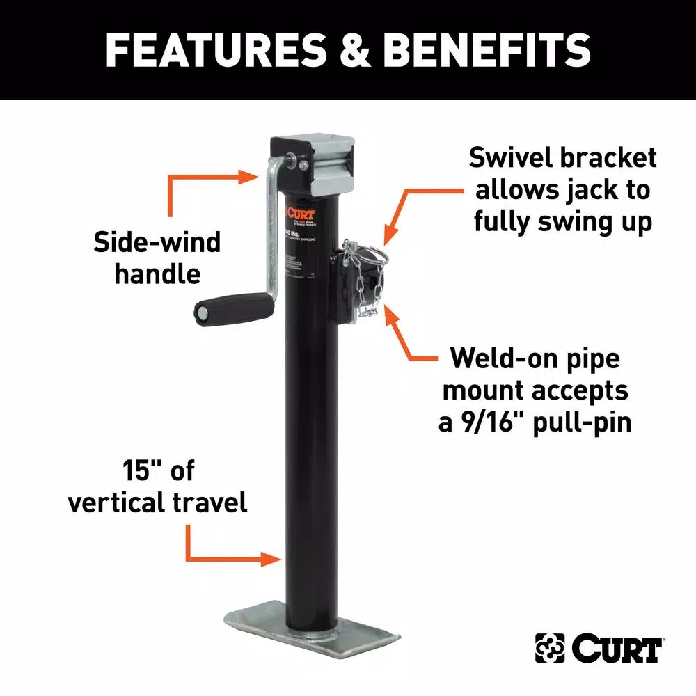CURT Pipe-Mount Swivel Trailer Jack with Side Handle, 2,000 lbs. Capacity, 15 in. Travel