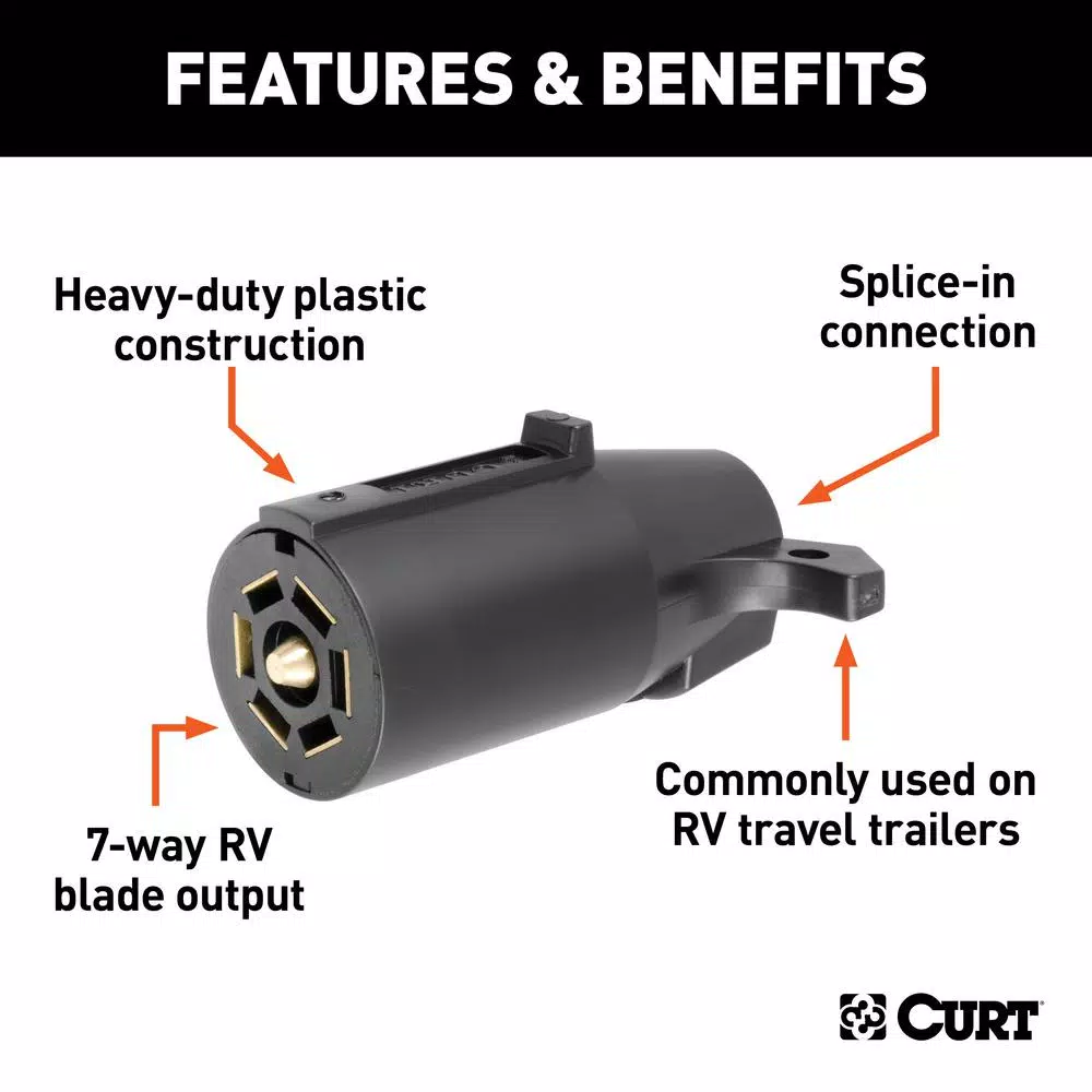 CURT 7-Way RV Blade Connector Plug, Trailer Side, Black Plastic