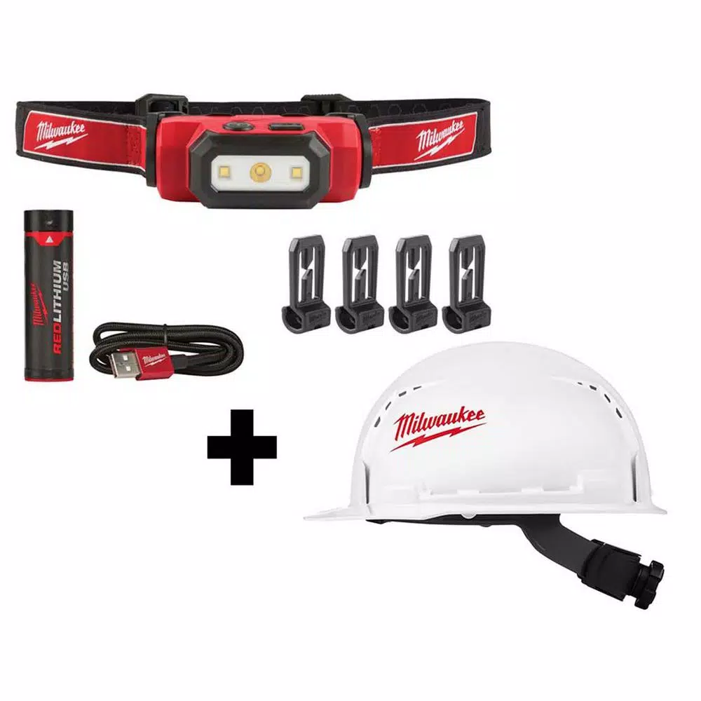 Milwaukee 475 Lumens LED Rechargeable Hard Hat Headlamp with BOLT White Type 1 Class C Vented Hard Hat