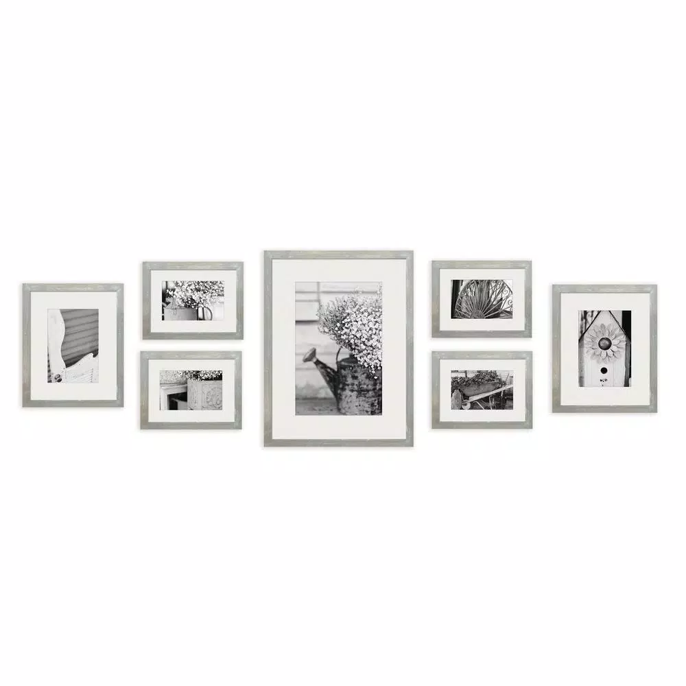 Pinnacle Gallery 7-Piece Graywash Wood Photo Frame Wall Gallery Kit with Art Prints