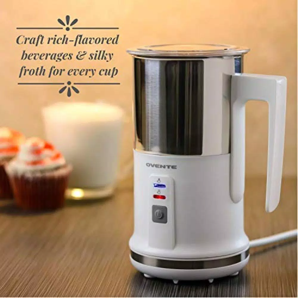 Ovente 3-in-1 Electric Milk Frother & Heater, White Stainless Steel with See-Through Lid