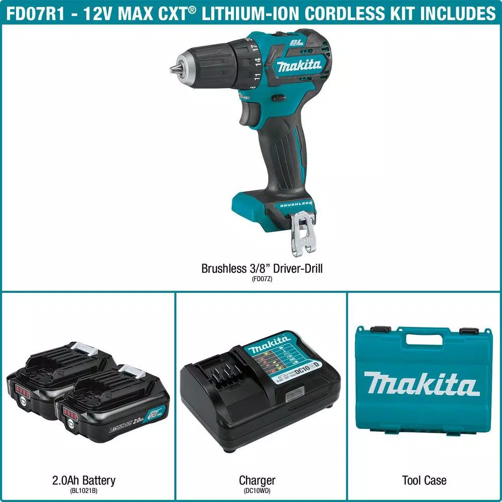 Makita 12V Max CXT Brushless 3/8 in. Cordless Driver Drill Kit with (2) 2.0Ah Batteries, Charger, and Case