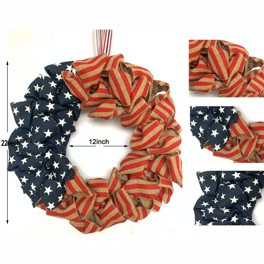 Glitzhome 22 in. Red and Blue Patriotic Burlap Wreath on Grapevine Base