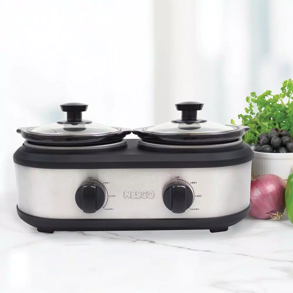 Nesco 2.5 Qt. Stainless Steel Dual Serving Station Slow Cooker with 2 Removable Ceramic Pots