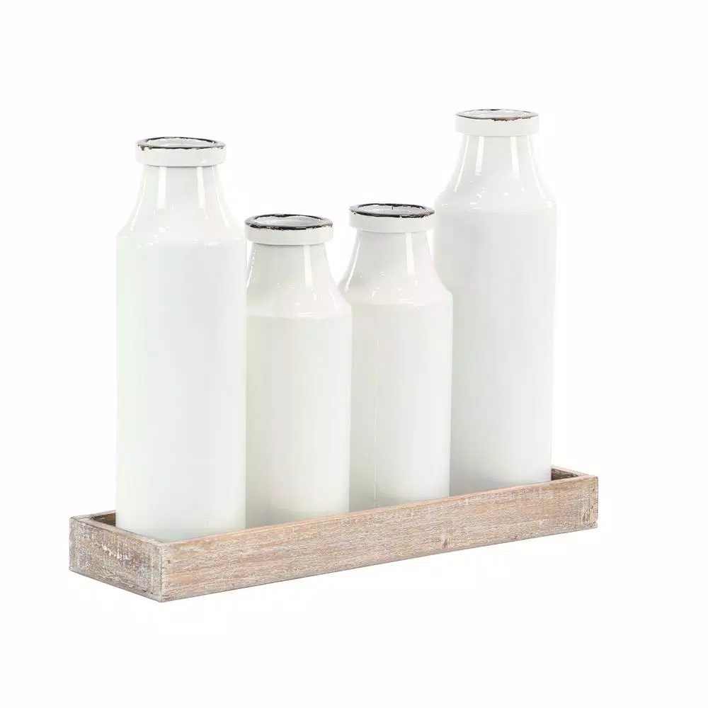 LITTON LANE Rustic Reflections Farmhouse Decorative Wood Tray with 4 Distressed White Milk Bottles