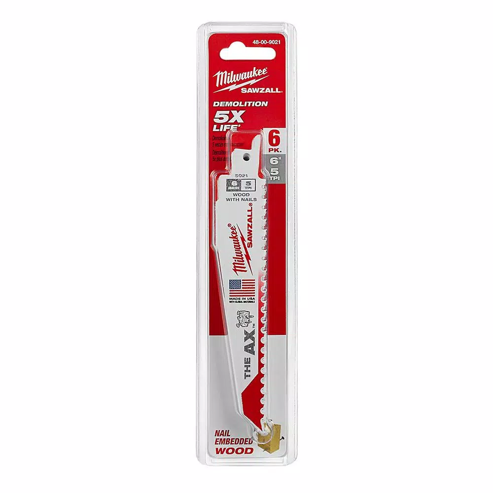 Milwaukee AX Carbide Teeth Reciprocating Saw Blades, 6 in., 5 TPI, Nail-Embedded Wood (6 Pack)