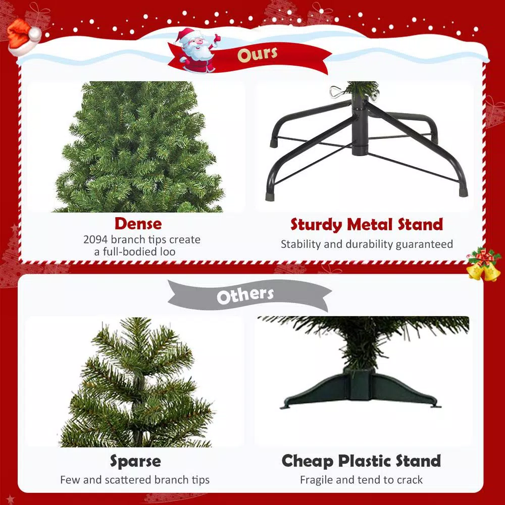 Costway 9 ft. Slim Fraser Fir Artificial Christmas Tree, Unlit Green with 2094 Tips