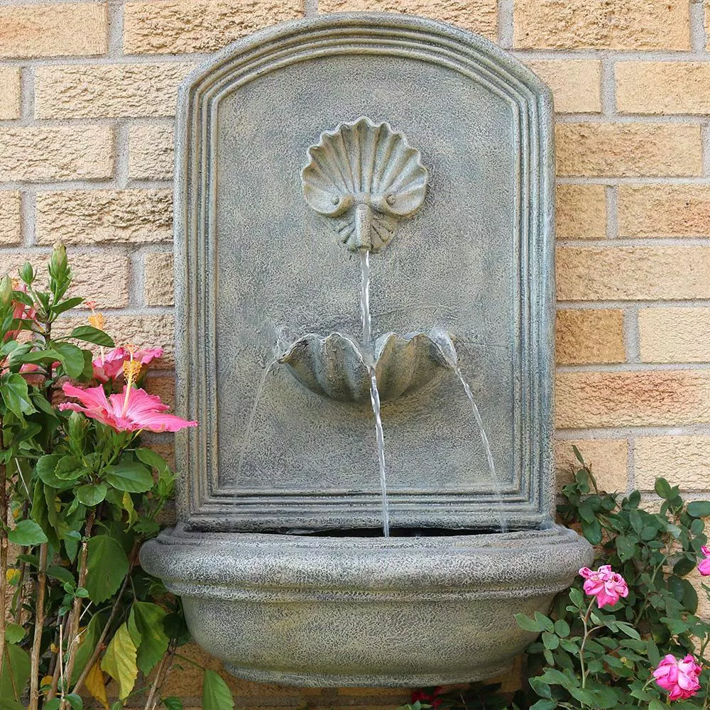 Sunnydaze Decor Seaside French Limestone Electric Outdoor Wall Fountain, Coastal Seashell Design