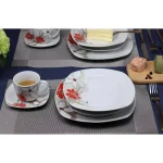 Lorren Home Trends 16-Piece Square Porcelain Dinnerware Set, Red and Tan Floral Design, Service for 4 thumbnail 4