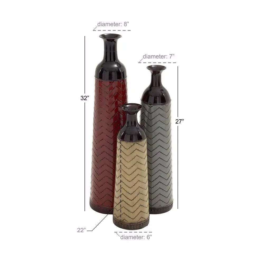 LITTON LANE Chevron Set of 3 Metal Decorative Floor Vases - Rustic Tin in Red, Brown, and Green