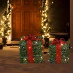 ProductWorks Pre-lit Faux Boxwood Topiary Present Christmas Decor Set, 45 LED Lights, Set of 2 thumbnail 3