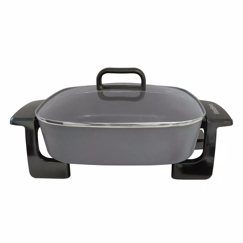 West Bend 12 in. Gray Square Electric Skillet with Grease Channel and Tilt Leg