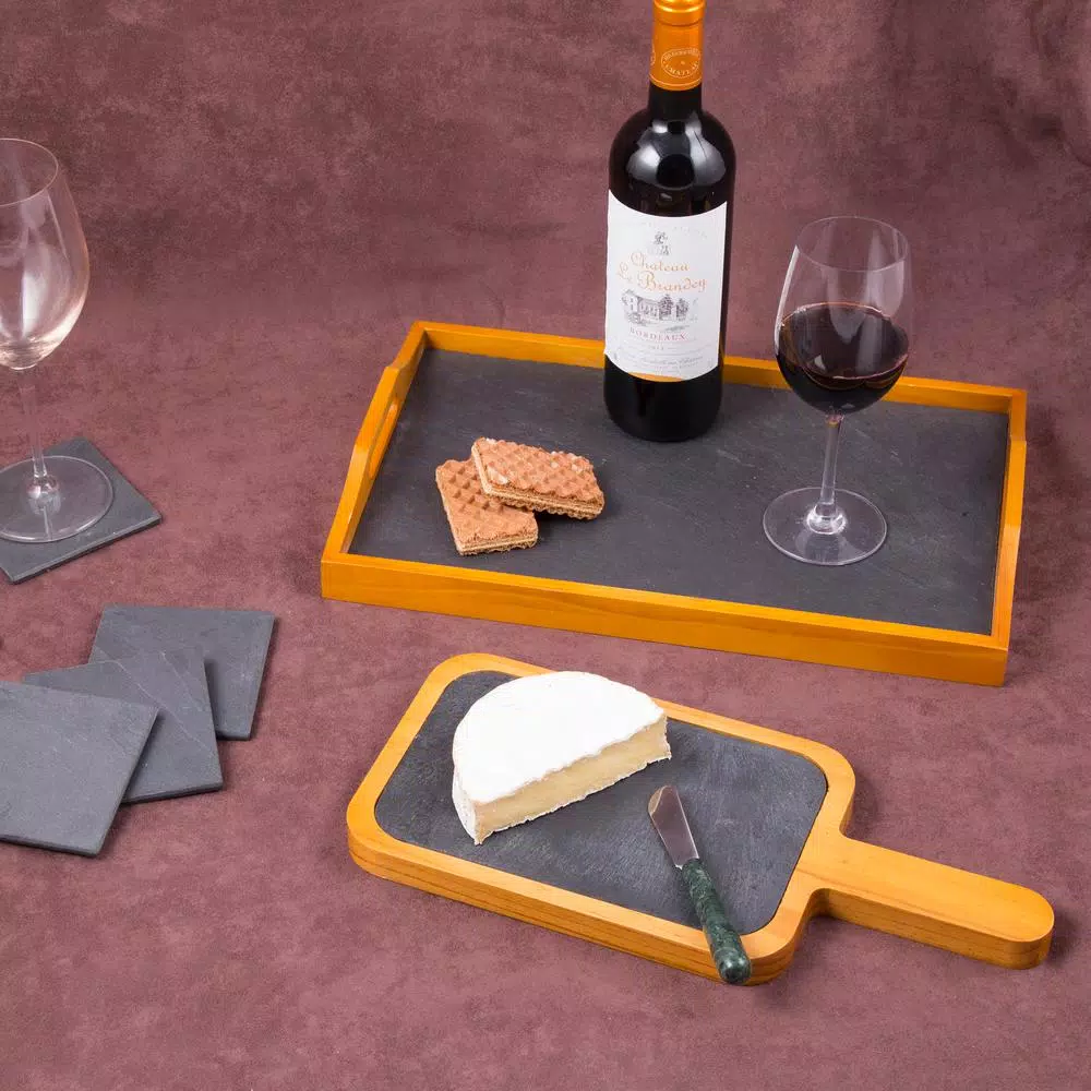 Creative Home Natural Pine Wood and Slate Insert Cheese Board Serving Paddle, 14.4 x 6.5 in.