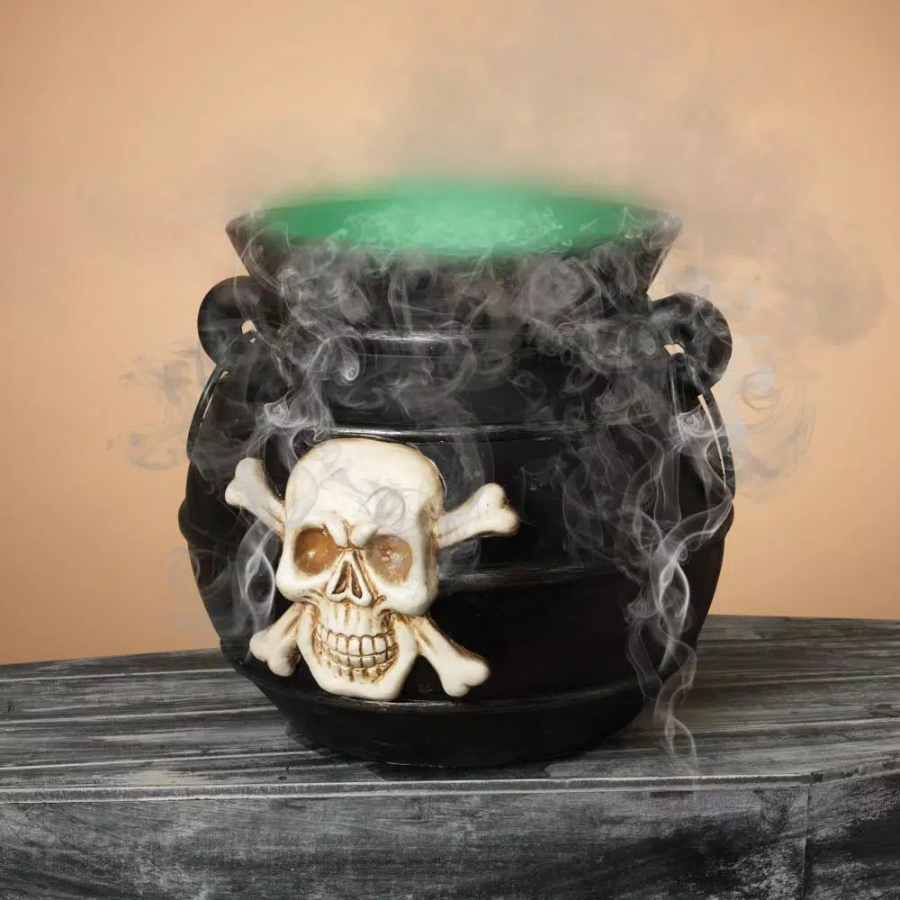 Unbranded 12.8 in. Multi-Color Changing Illuminated Smoking Witch's Cauldron with Skull and Crossbones