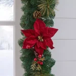 Home Accents Holiday Home Holiday Accents 17 ft. Burgundy Poinsettia Mixed Pine Garland with Berries and Gold Glitter Cedar thumbnail 5
