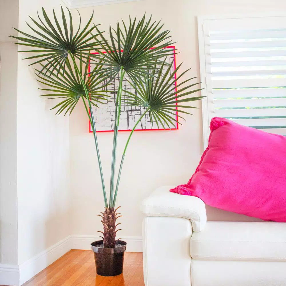 Nearly Natural 7 ft. UV Resistant Indoor/Outdoor Artificial Fan Palm Tree with Black Pot