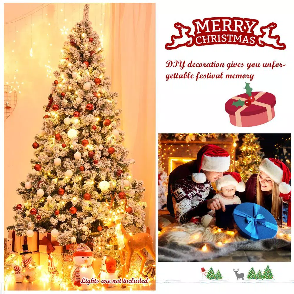 Costway 7.5 ft. Snow Flocked Hinged Pine Artificial Christmas Tree, 1346 Tips, Unlit