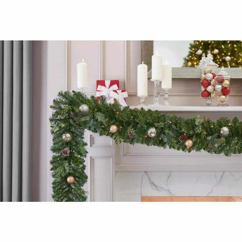 Home Accents Holiday 9 ft. St. Germain Pre-Lit Mixed Pine LED Christmas Garland with Ornaments & Pine Cones