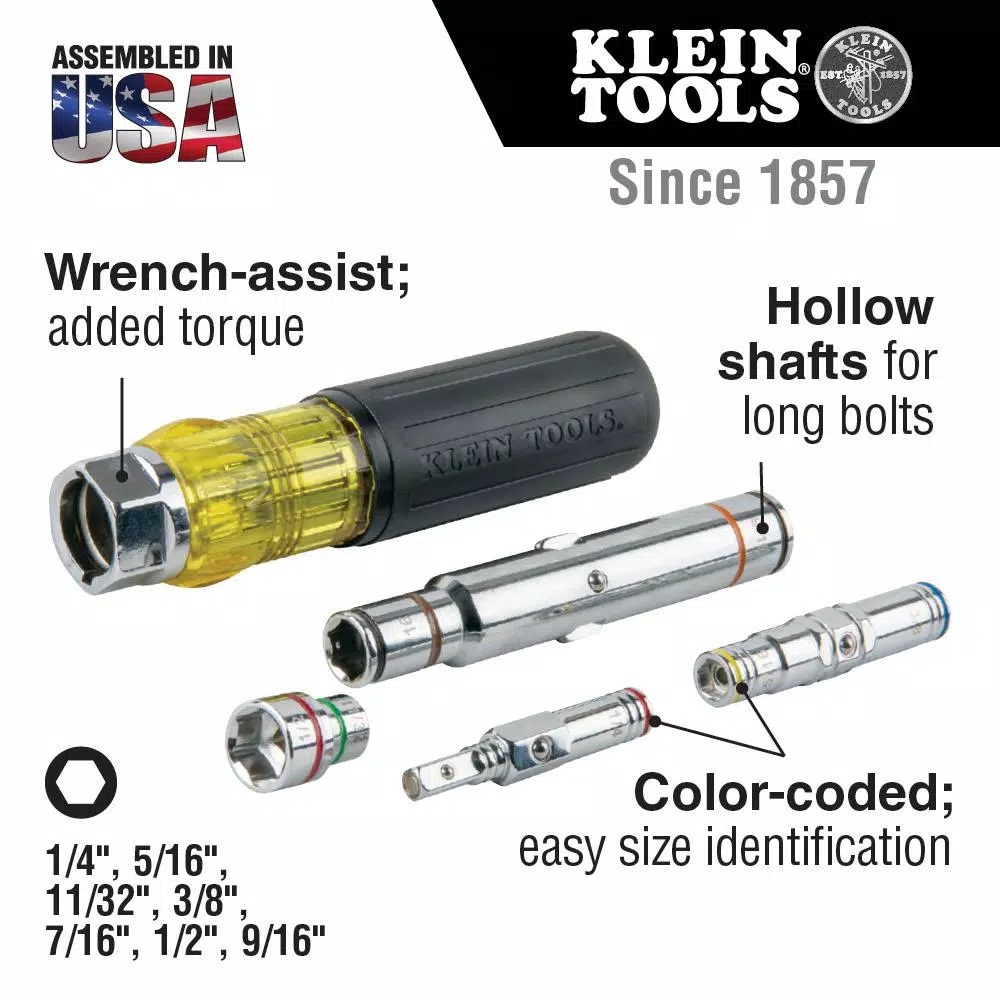 Klein Tools 7-in-1 Heavy Duty Multi-Nut Driver with Wrench-Assist Handle