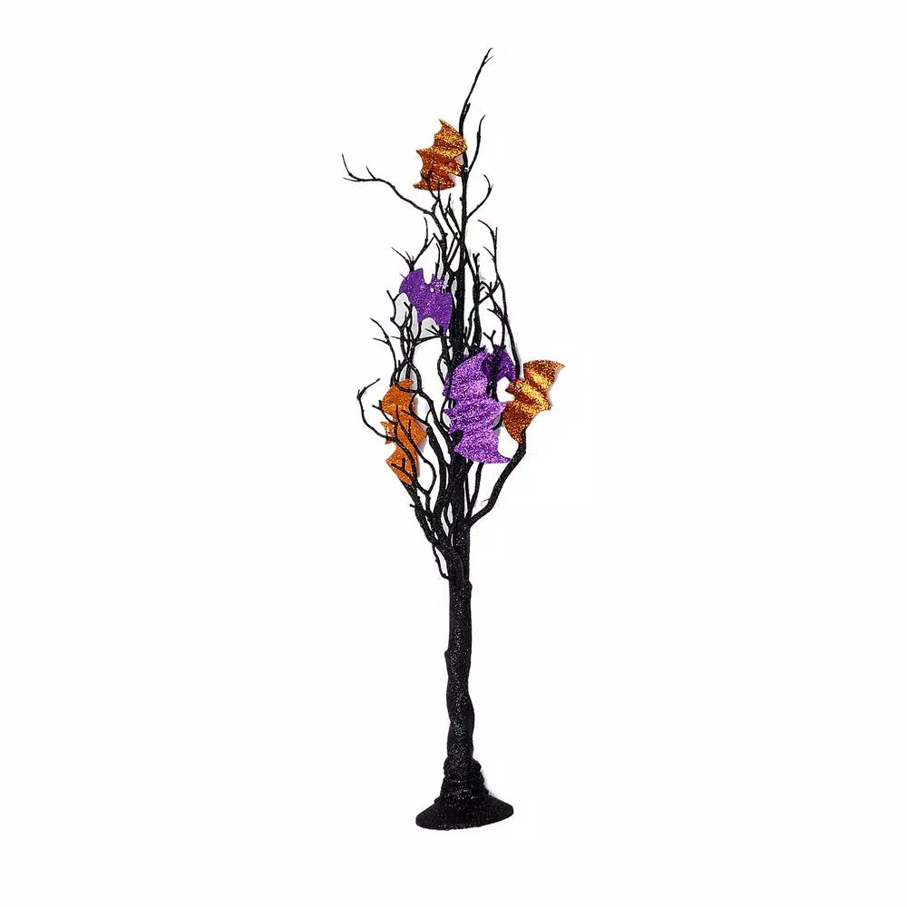 Unbranded 24 in. Black Glitter Halloween Twig Tree with 3 Hanging Bats