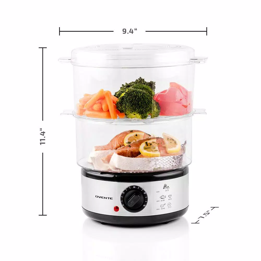 Ovente 2-Tier Electric Food Steamer, 5-Quart Capacity, 400W, Silver