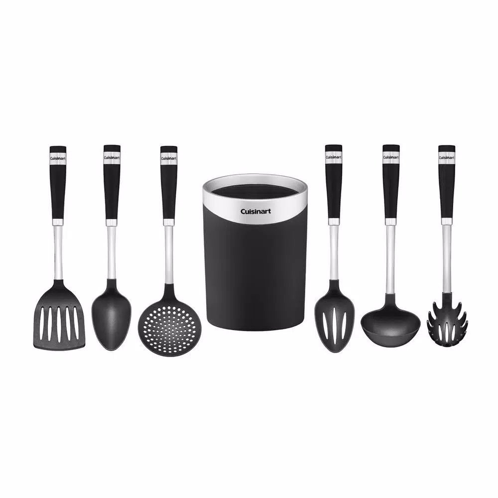 Cuisinart 7-Piece Stainless Steel Kitchen Utensil Set with Barrel Handle and Storage Crock