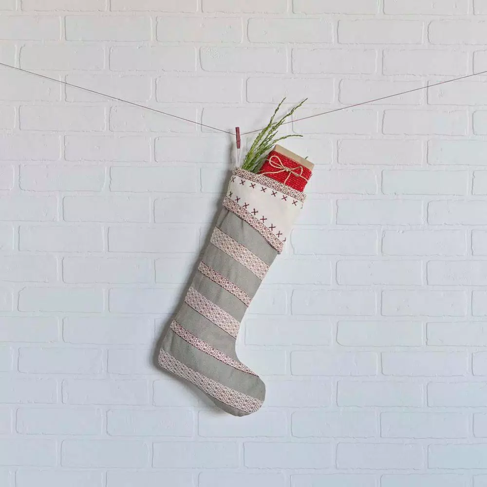 VHC Brands 20 in. Liv Pebble Grey Traditional Nordic Christmas Stocking - Cotton and Felt
