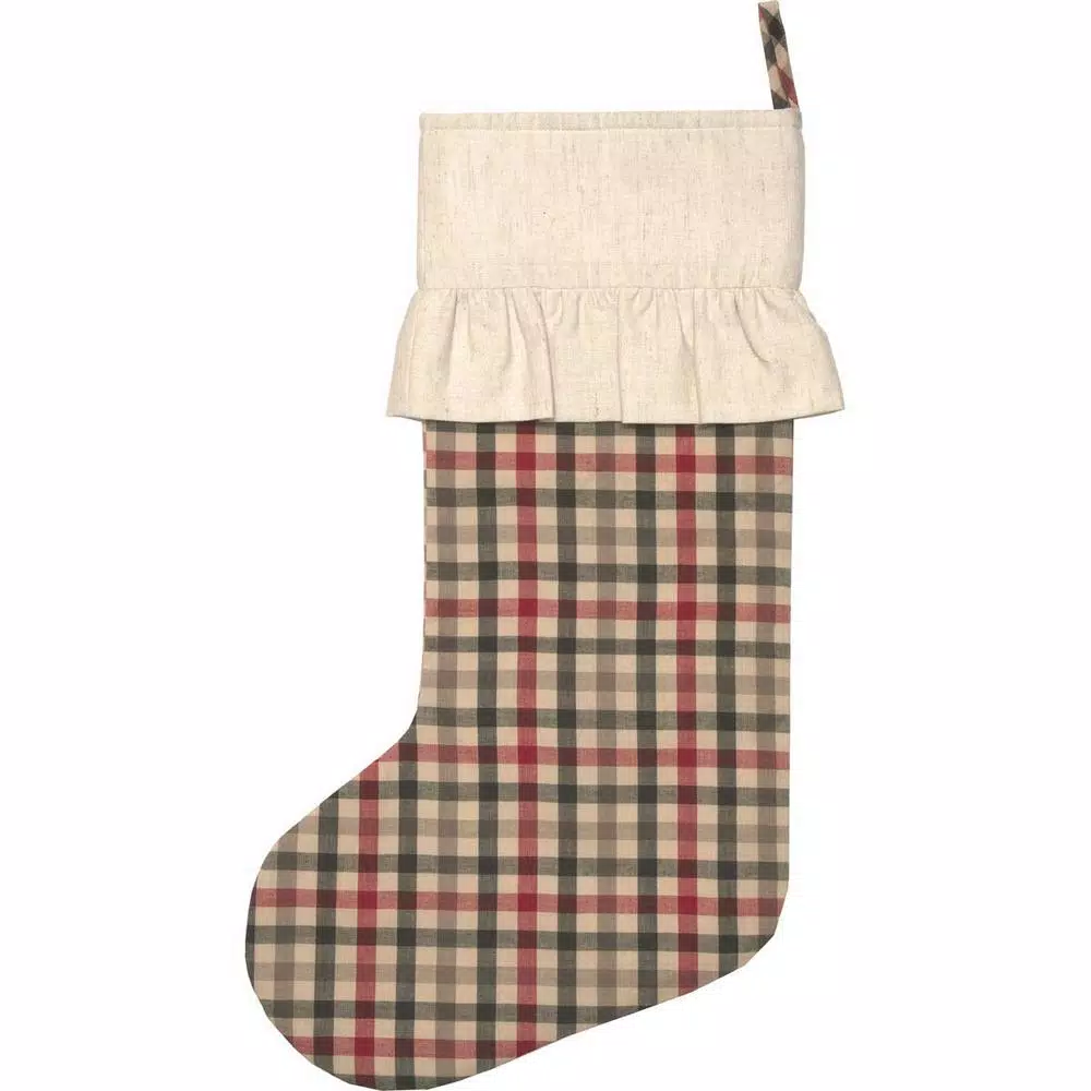 VHC Brands 20 in. Hollis Ivory White Farmhouse Christmas Decor Plaid Stocking, Red Green & Ivory