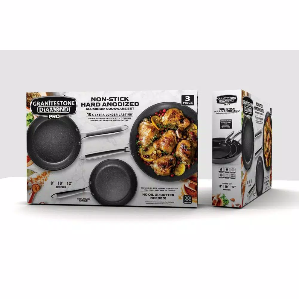 Granitestone Professional 3-Piece Hard Anodized Diamond Infused Nonstick Fry Pan Set, Induction Capable