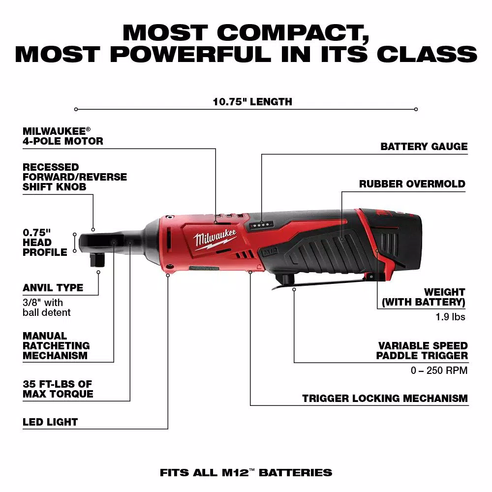 Milwaukee M12 12V Lithium-Ion Cordless 3/8 in. and 1/4 in. Ratchet Kit with Battery, Charger and Bag