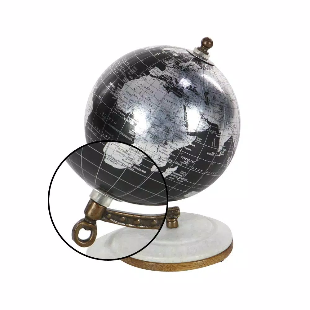 LITTON LANE Modern Reflections 7 in. Decorative Black and Silver Table Globe with Marble and Mango Wood Base