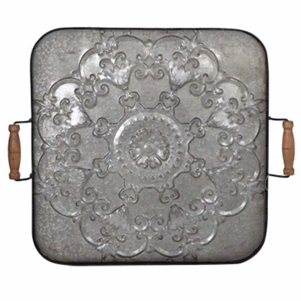Benjara Ravello Square Gray Wood and Iron Decorative Tray with Floral Detail