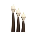 LITTON LANE Dark Brown Mango Wood and Silver Aluminum Conical Candle Holder Set of 3 thumbnail 2