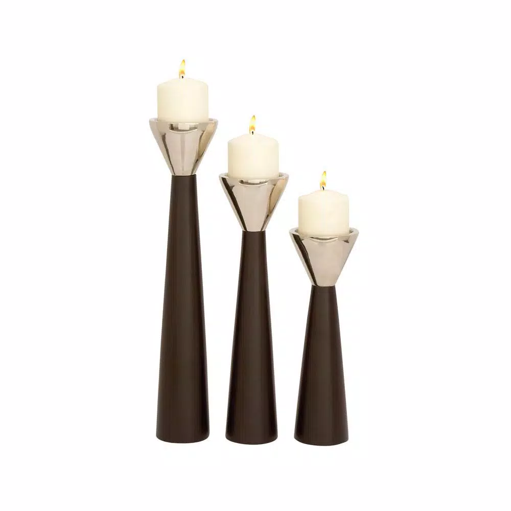 LITTON LANE Dark Brown Mango Wood and Silver Aluminum Conical Candle Holder Set of 3