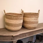 Zentique Hand Woven Seagrass and Palm Leaf Striped Medium Basket with Handles thumbnail 1