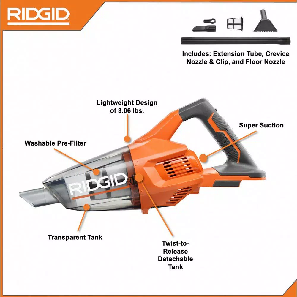 RIDGID 18V Cordless Hand Vacuum (Tool Only) with Crevice Nozzle, Utility Nozzle and Extension Tube