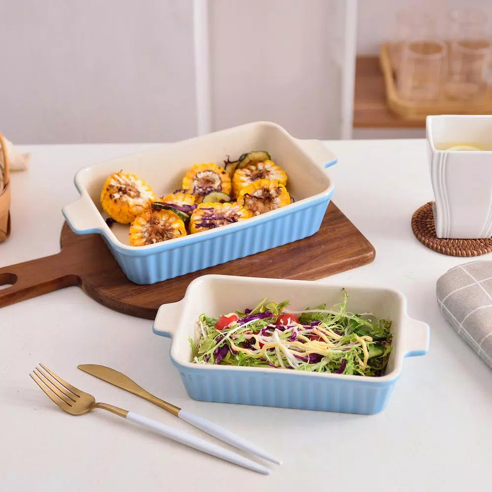 MALACASA 2-Piece Blue Porcelain Rectangle Bakeware Set, 12 in. and 13 in. Ceramic Baking Dishes