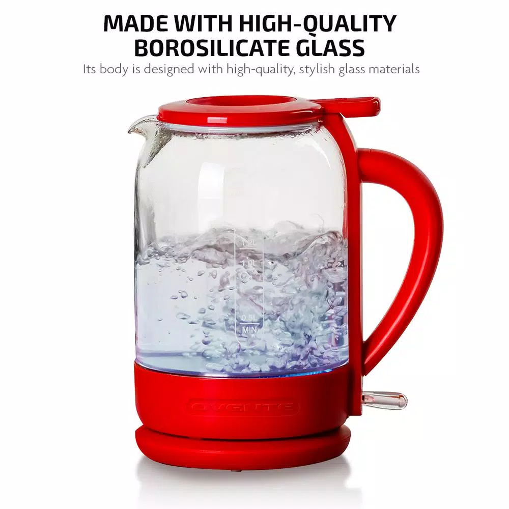 Ovente 1.5L Red Glass Electric Kettle with ProntoFill Technology, 1500W