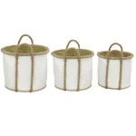 LITTON LANE Set of 3 Round Palm Leaf and Rope Wicker Storage Baskets with Handles, White thumbnail 2